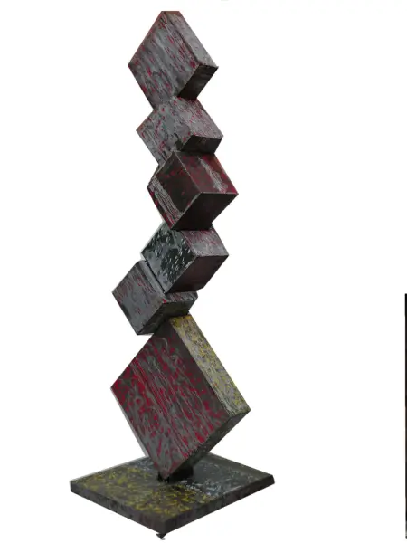 Product image 1 of the product “Cubes Decor, abstract sculpture on base, 195cm height, sculpture from upcyceled oil barrel. ”